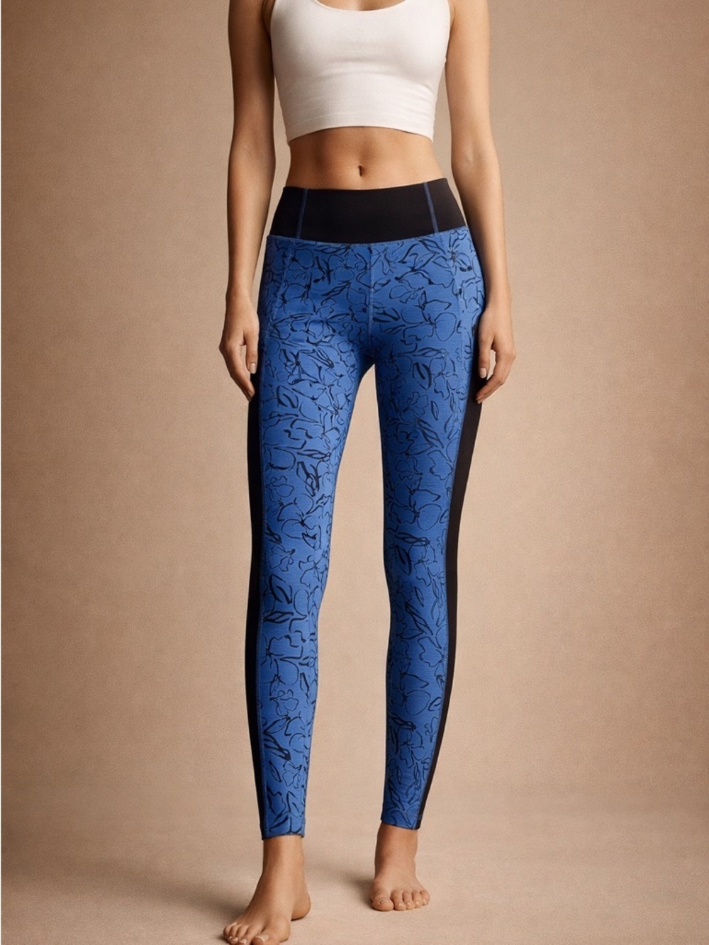 PGA Tour Blue Floral Print Leggings with Black Side Panels